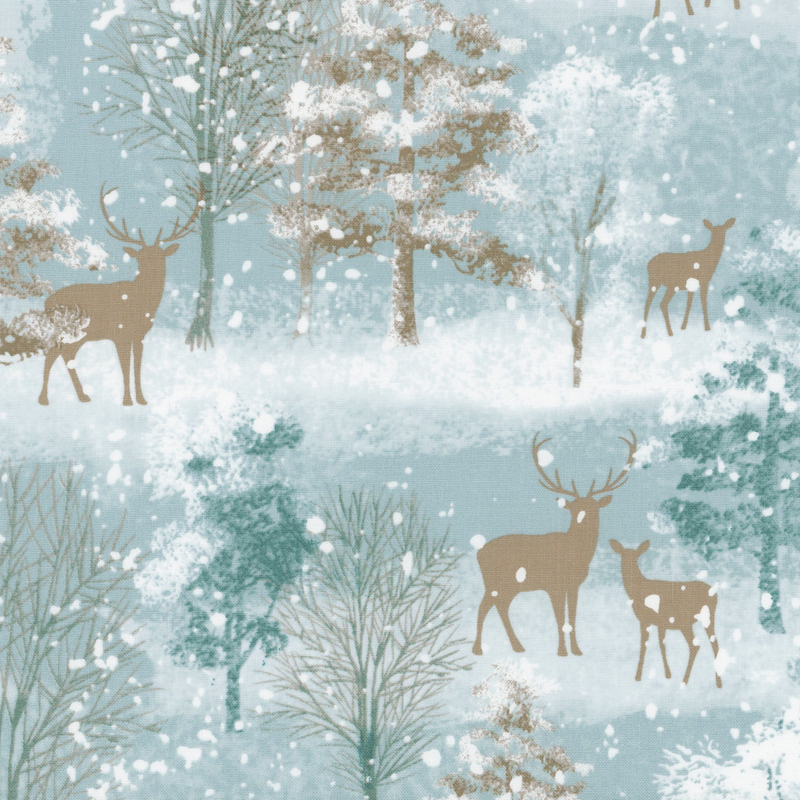 Pattern of winter forest with deer among snow-covered trees in shades of light blue, teal, and gold.
