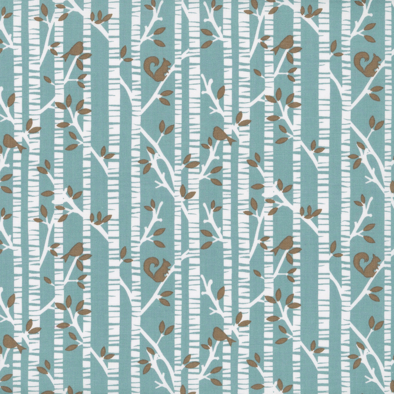 Pattern of birch trees with white trunks, teal blue fabric, and brown leaves and animals.