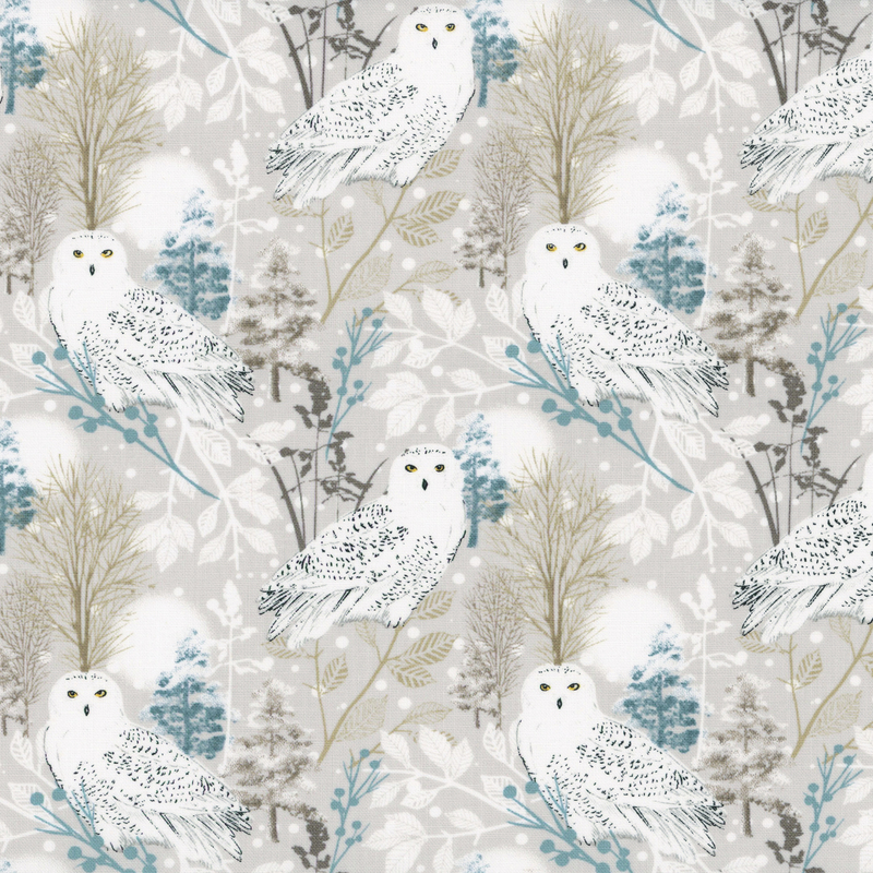 A patterned design featuring snowy owls among stylized trees and leaves in muted colors.