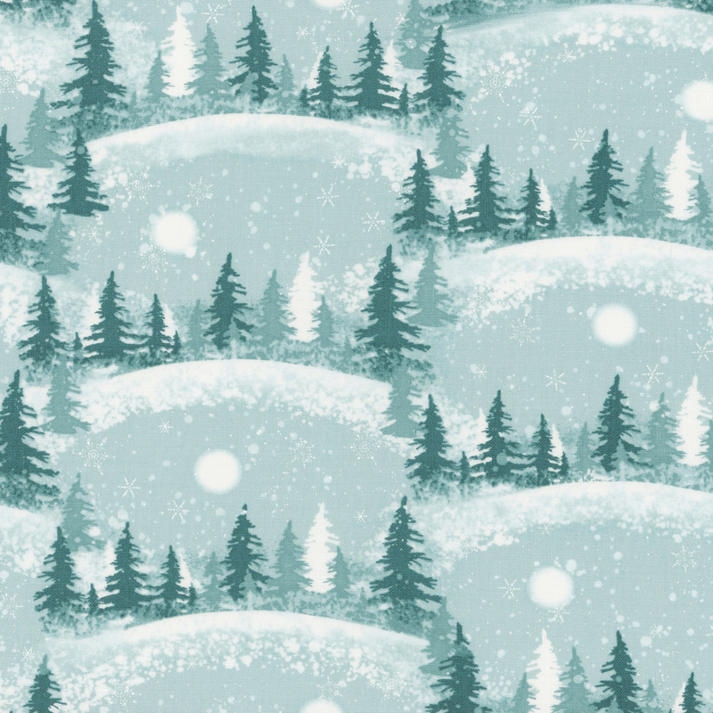 Seamless pattern of snow-covered hills with evergreen trees and snowflakes on a light blue background.