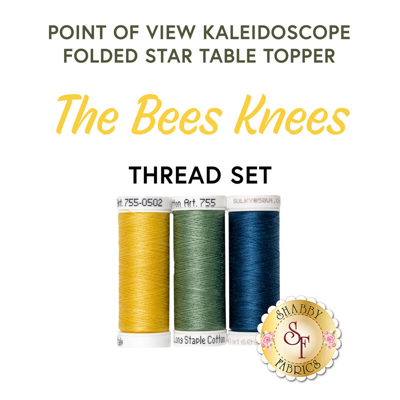 Image of a thread set for The Bees Knees folded star table topper, featuring three spools in yellow, green, and blue.