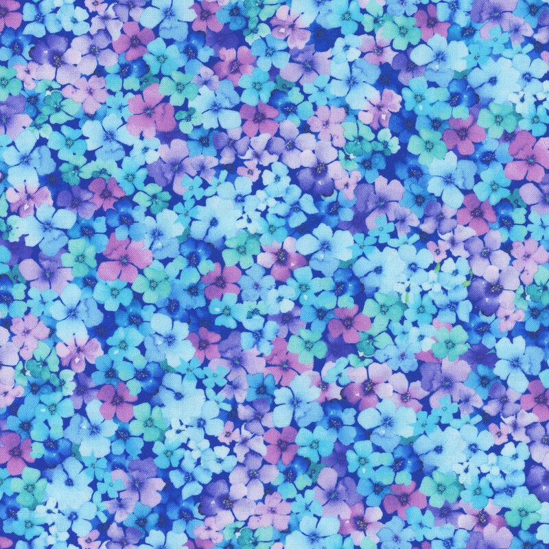 A vibrant, patterned fabric filled with small blue and purple flowers.