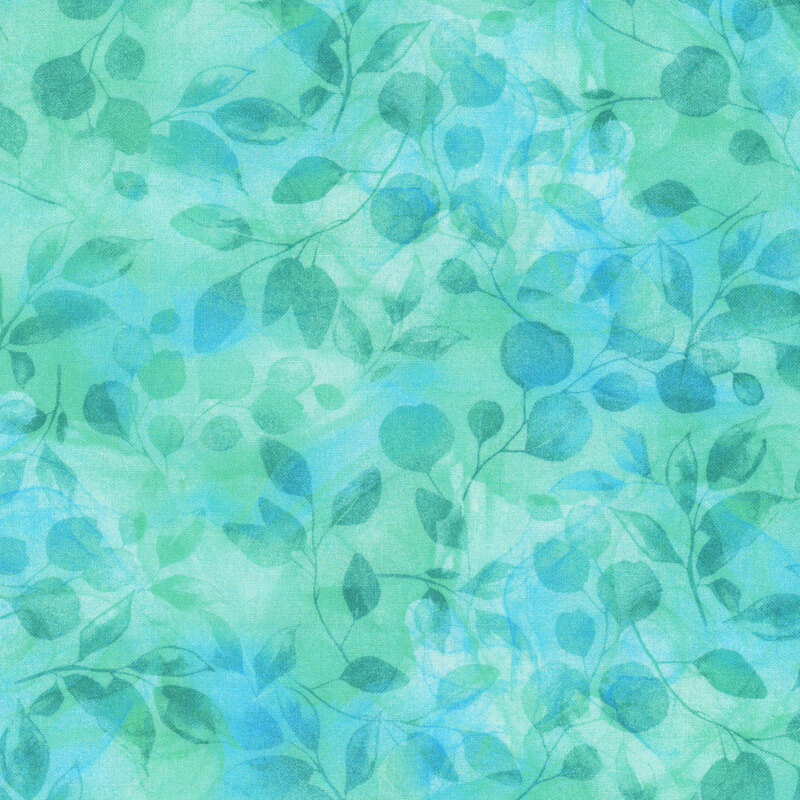 A textured pattern of overlapping leaves in varying shades of green and blue on a soft, watercolor background.