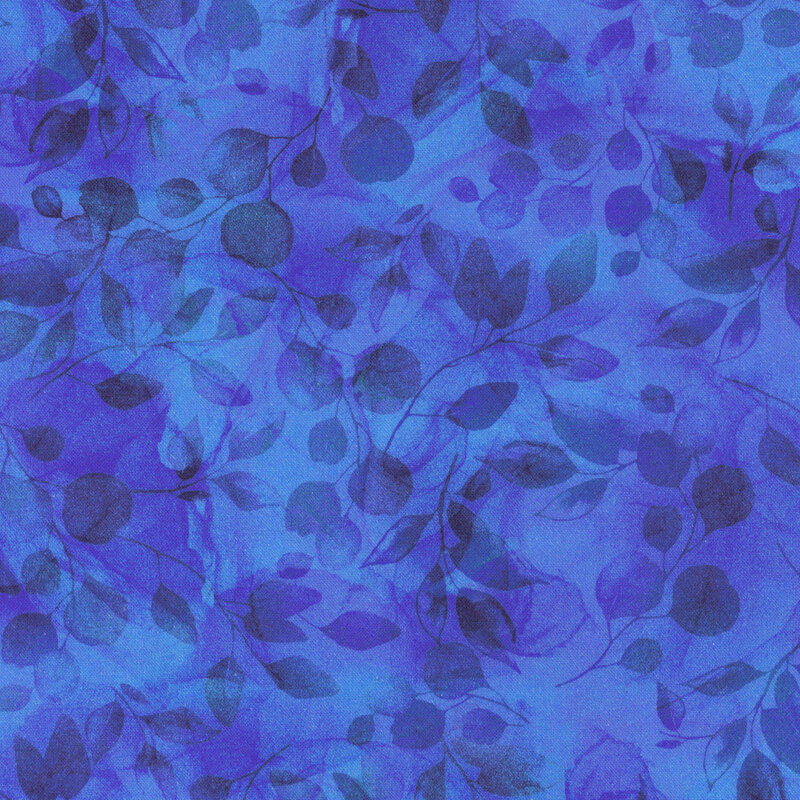 Seamless pattern of blue leaves and rounded shapes on a vibrant blue background.