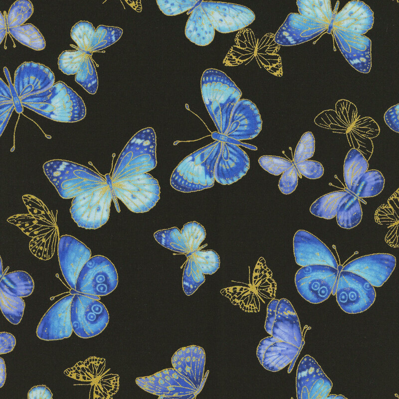 A pattern of various blue and metallic butterflies on a black background.