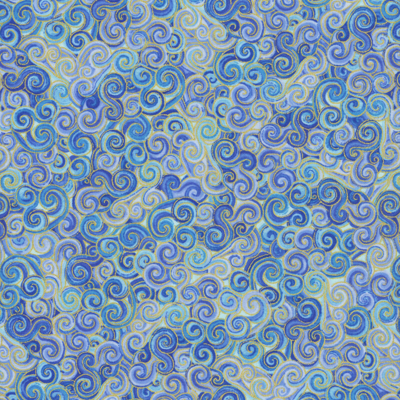 Fabric featuring an abstract pattern of swirling blue and turquoise shapes.