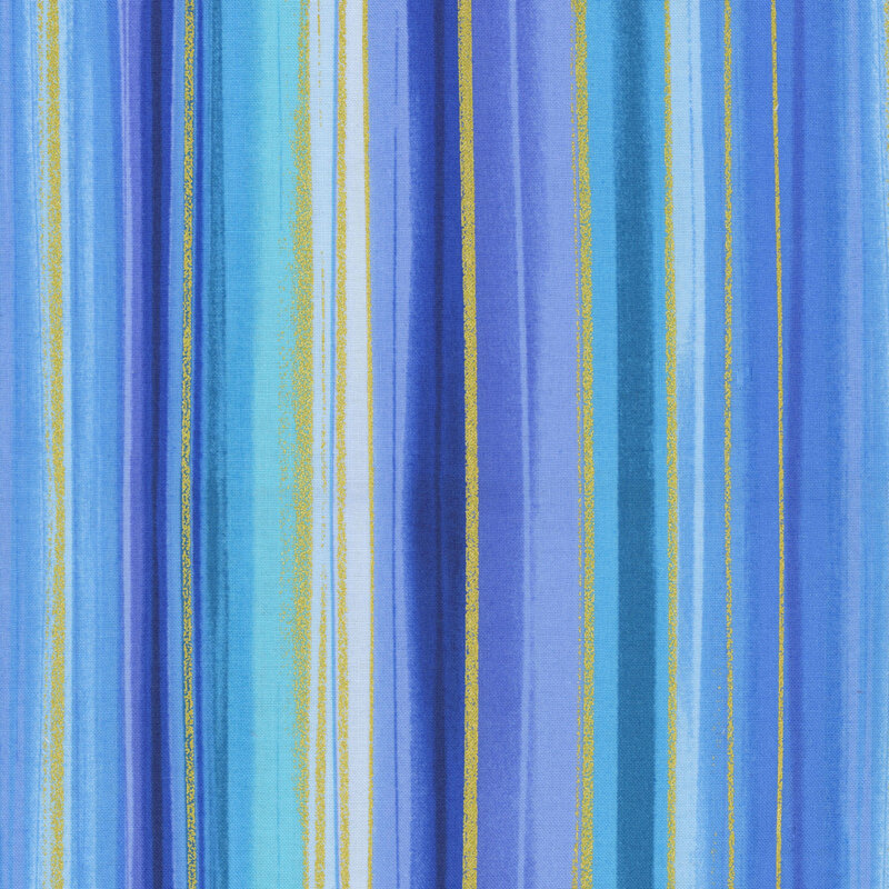 Fabric featuring vertical stripes in various shades of blue and gold.
