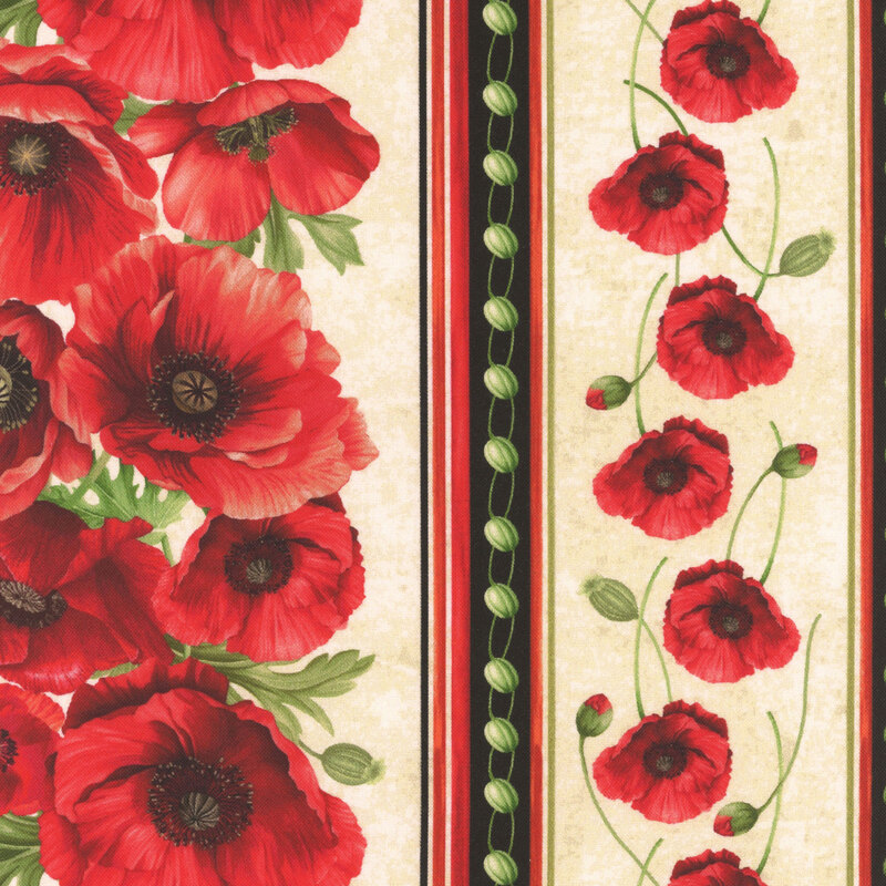 Pattern featuring vibrant red poppies with green leaves on a textured beige fabric.
