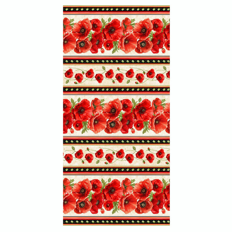Pattern featuring vibrant red poppies with green leaves on a textured cream fabric.