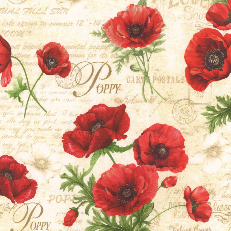 Red poppy flowers in varying sizes on a textured beige fabric with faint script details.