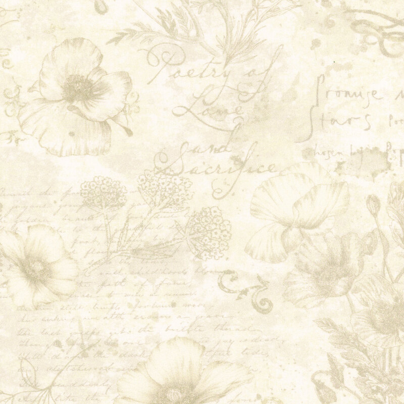 Light beige wallpaper featuring subtle floral illustrations and handwritten text patterns.