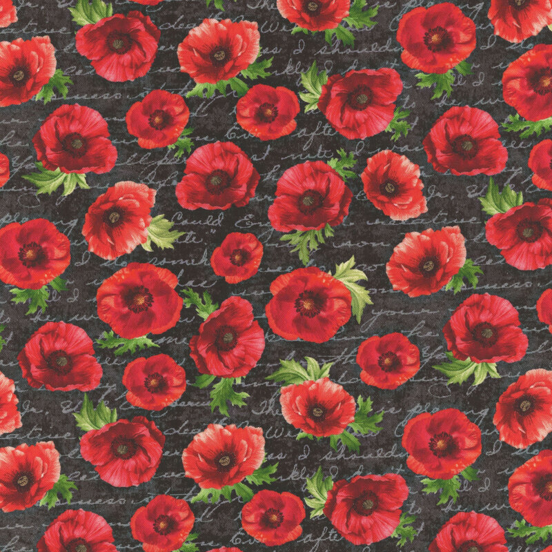 A seamless pattern of vibrant red poppies on a textured black fabric.