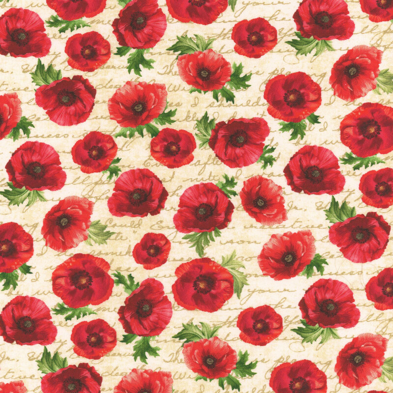 A seamless pattern of vibrant red poppies set against a soft, beige fabric.