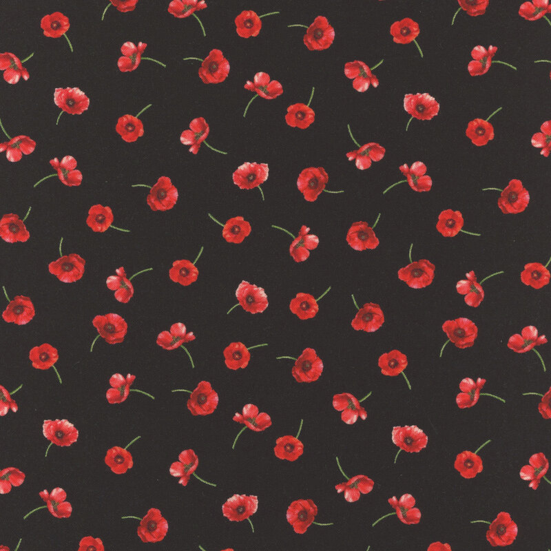 A repeating pattern of red flowers on a black fabric.