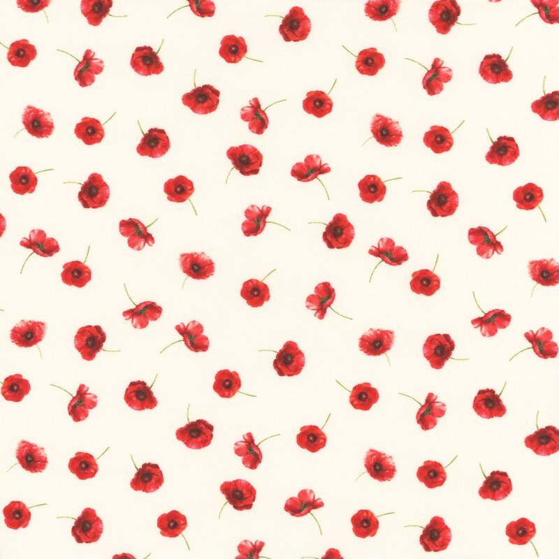 A repeating pattern of red flowers and butterflies on a light cream fabric.