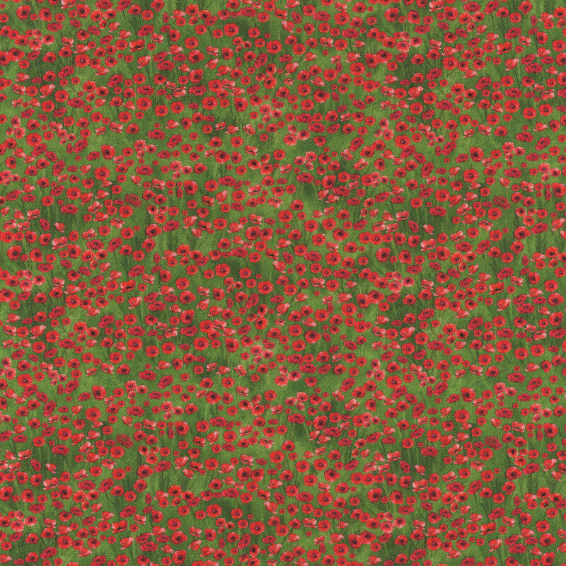 Seamless pattern of small red flowers against a green fabric. 