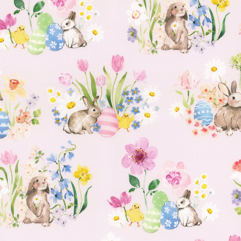 A pastel fabric pattern featuring rabbits, flowers, and Easter eggs on a pink background.