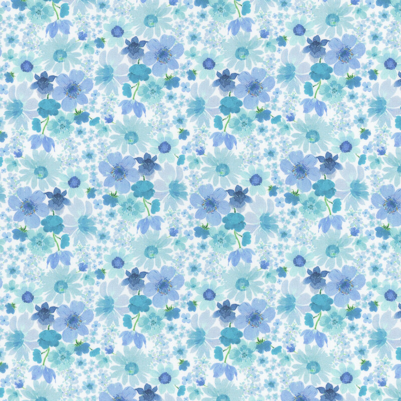 Seamless pattern of light blue and turquoise flowers on a soft blue background.