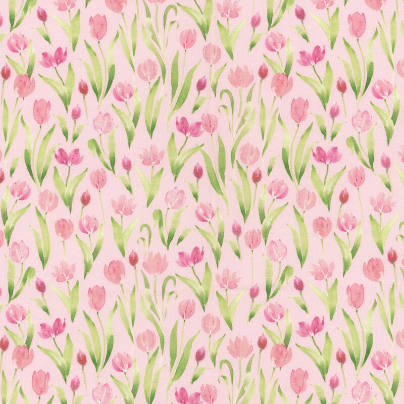 A light pink background filled with various pink tulips and green leaves in a seamless pattern.