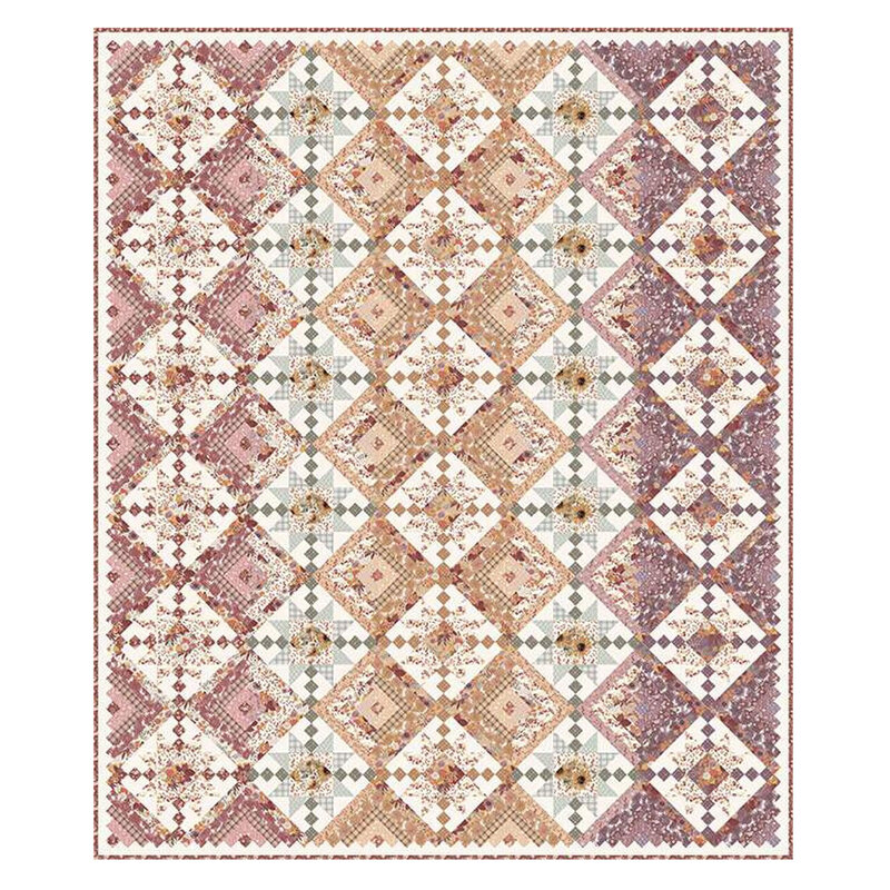A digital mockup of the Laura's Log Cabin Quilt, featuring 5 rows by 6 rows of geometric patchwork blocks in gentle colors, isolated on a white backround.