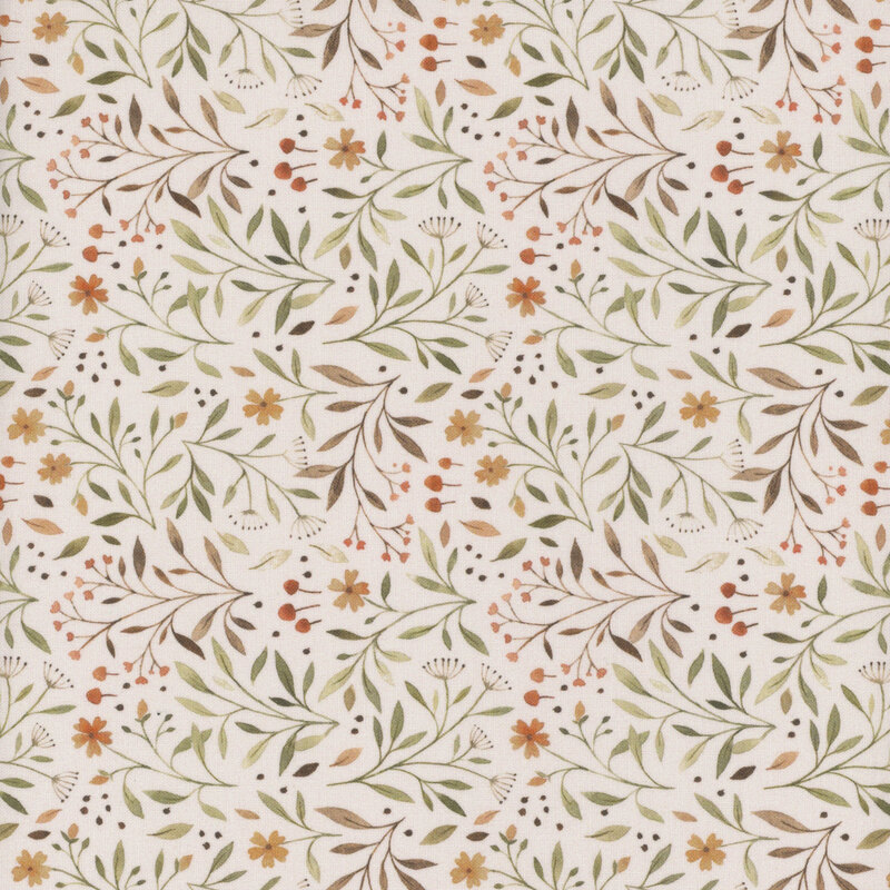 Soft taupe fabric with an intricate design of wildflowers and leaves.