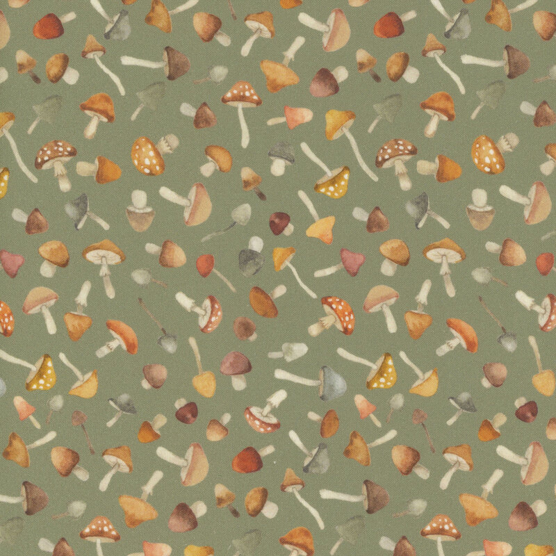 Sage green fabric with a tossed design of different mushrooms.