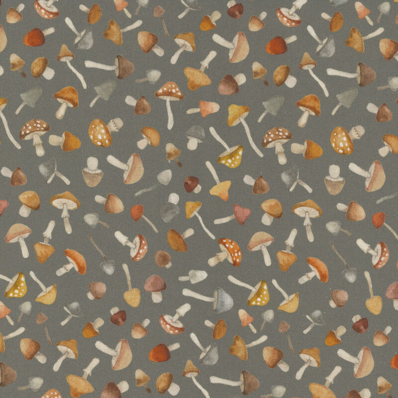Gray fabric with a tossed design of different mushrooms.
