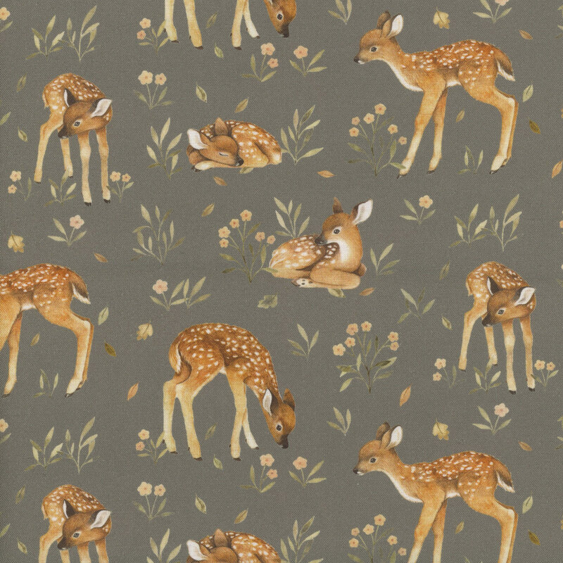 Gray fabric with a design of baby deer in various poses on a wildflower background.