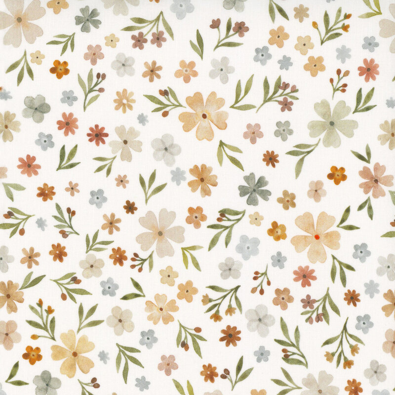 White fabric with a spread design of wildflower blossoms and leaves.