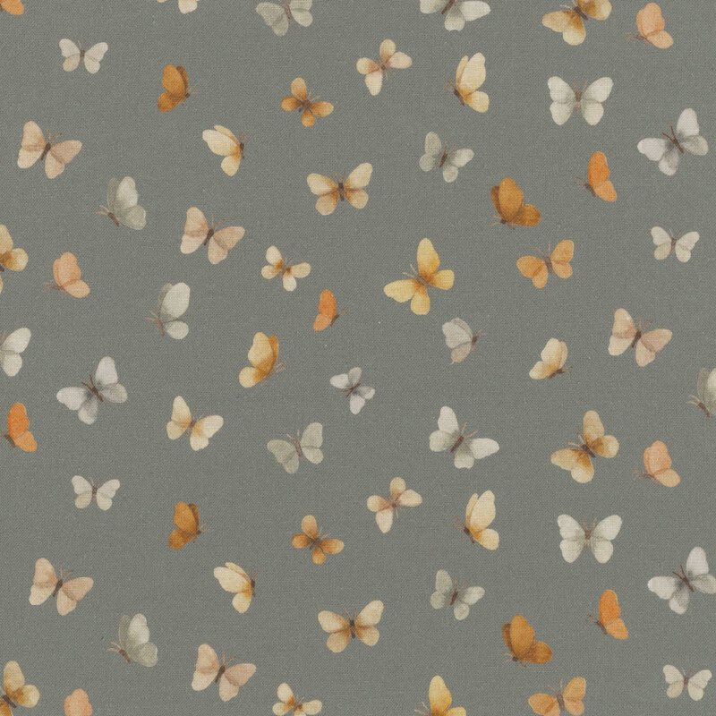 Gray fabric with a design of evenly spaced fluttering butterflies.