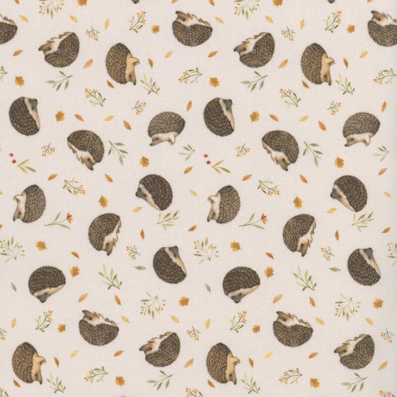 Soft taupe fabric with a tossed design of hedgehogs on a leafy background.