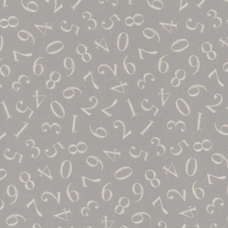 Soft gray fabric with a tossed design of the numbers 0 through 9.