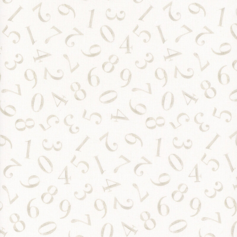 White fabric with a tossed design of the numbers 0 through 9.