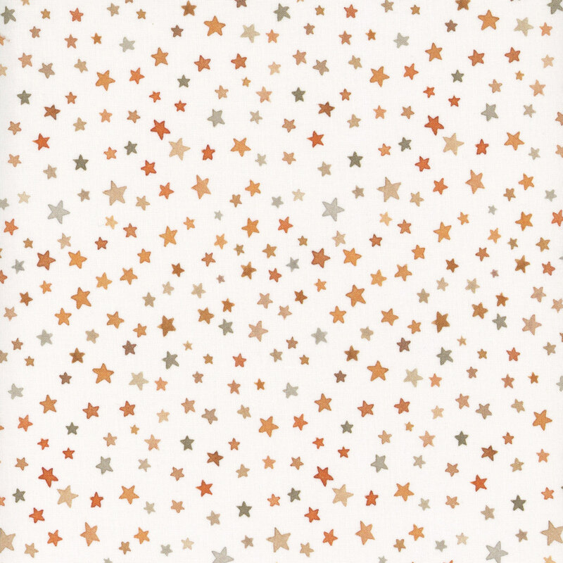 White fabric with a design of small scattered stars in shades of yellow, orange, and gray.
