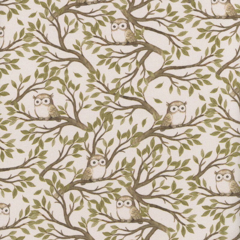 Soft taupe fabric with a design of owls perched on a thick section of tree branches.
