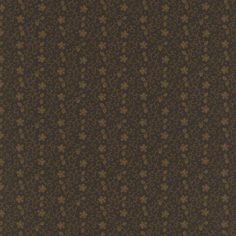 Brown fabric with rows of sprawling vines and flowers.