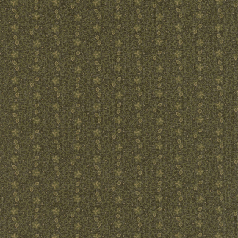 Green fabric with rows of sprawling vines and flowers.