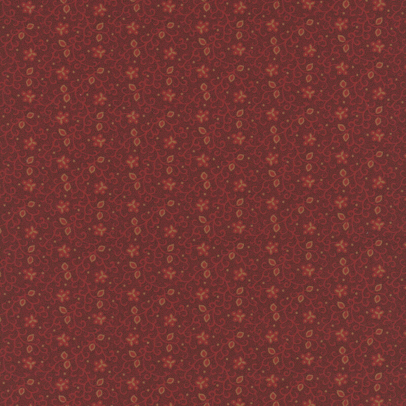 Red fabric with rows of sprawling vines and flowers.