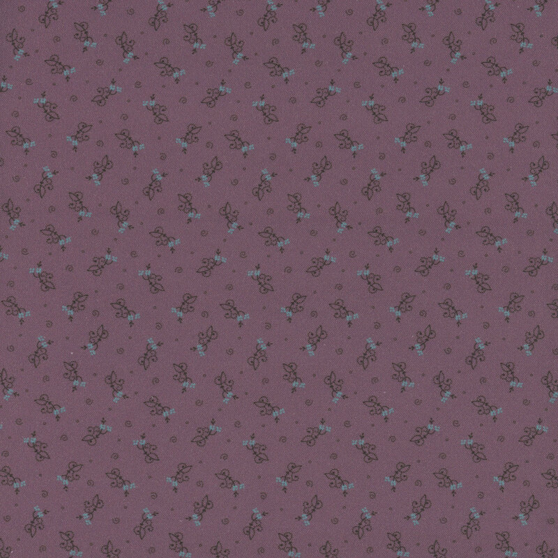 Dusty purple fabric with abstract ditsy floral shapes and swirls.