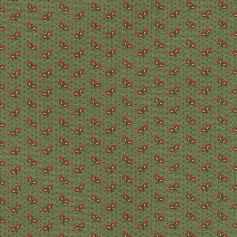 Green fabric with neat columns of abstract leaf shapes on a pinprick dotted background.