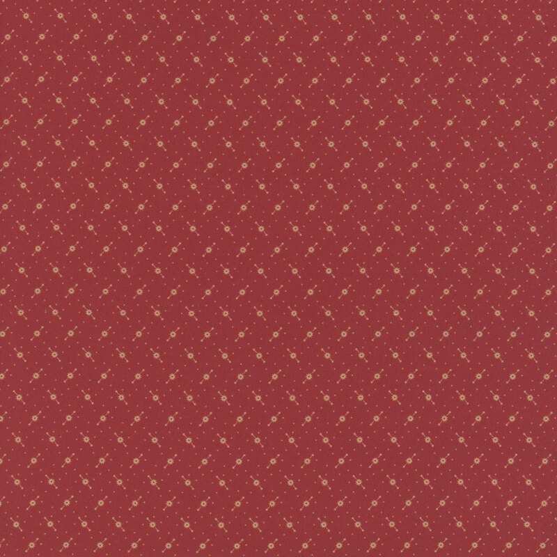 Red fabric with alternating rows of abstract dotted lines.