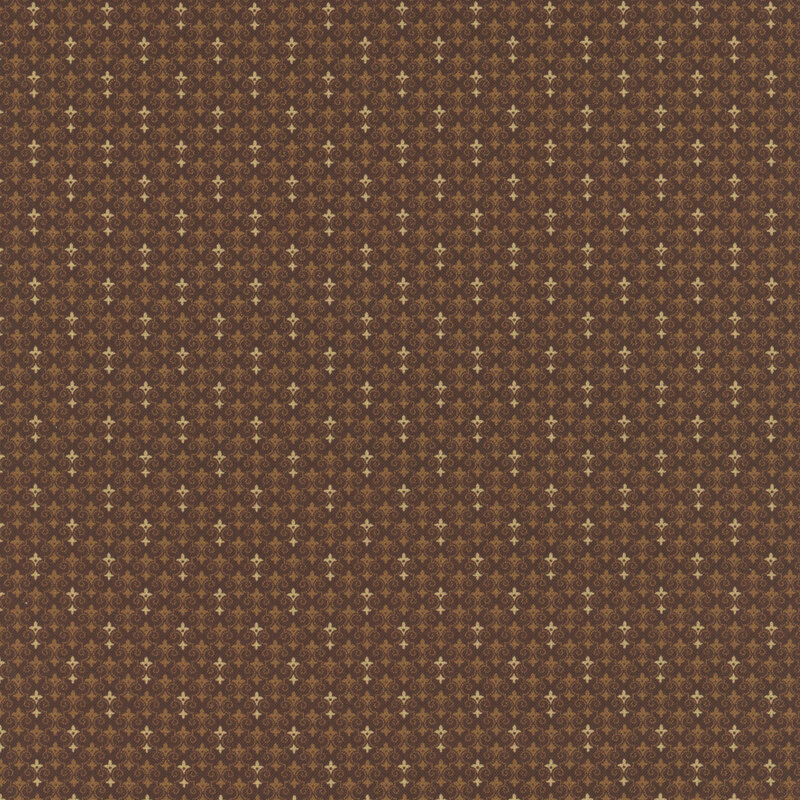 Brown fabric with a lattice design of light fleur de lis. 