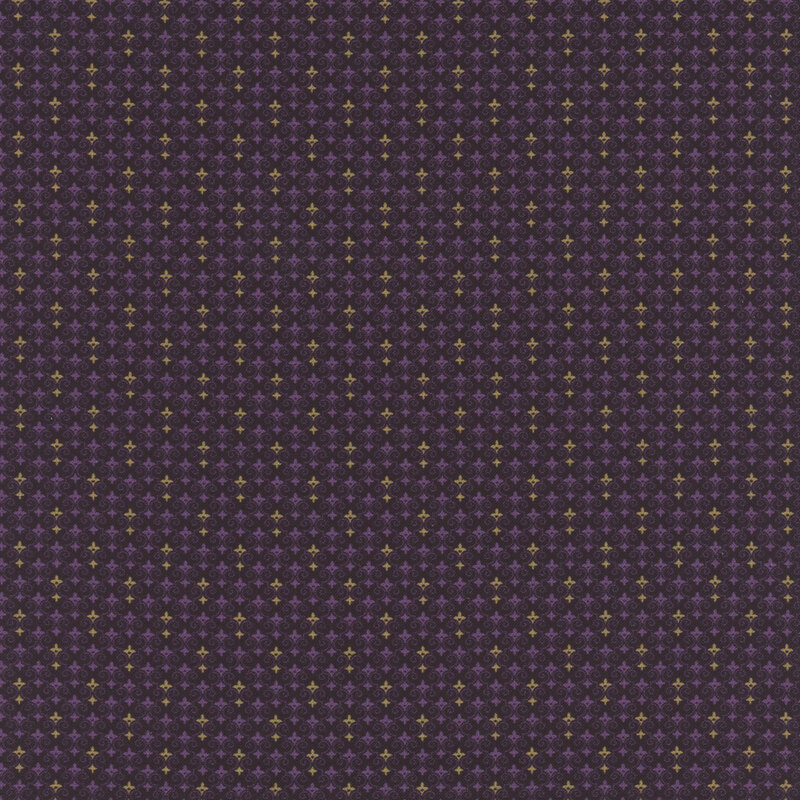 Dark purple fabric with a lattice design of light fleur de lis. 