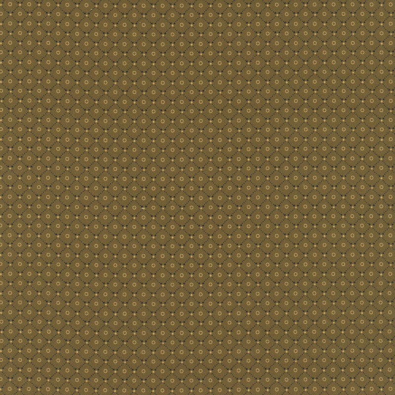 Olive green fabric featuring a lattice design with small rings in the middle of each.