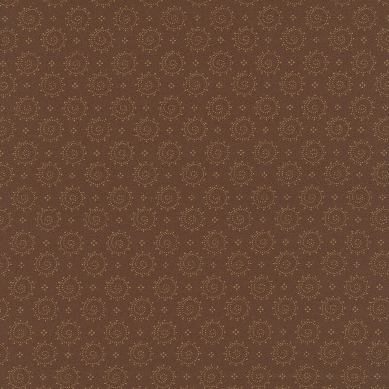 Brown fabric with a design of dotted circles with swirling centers.