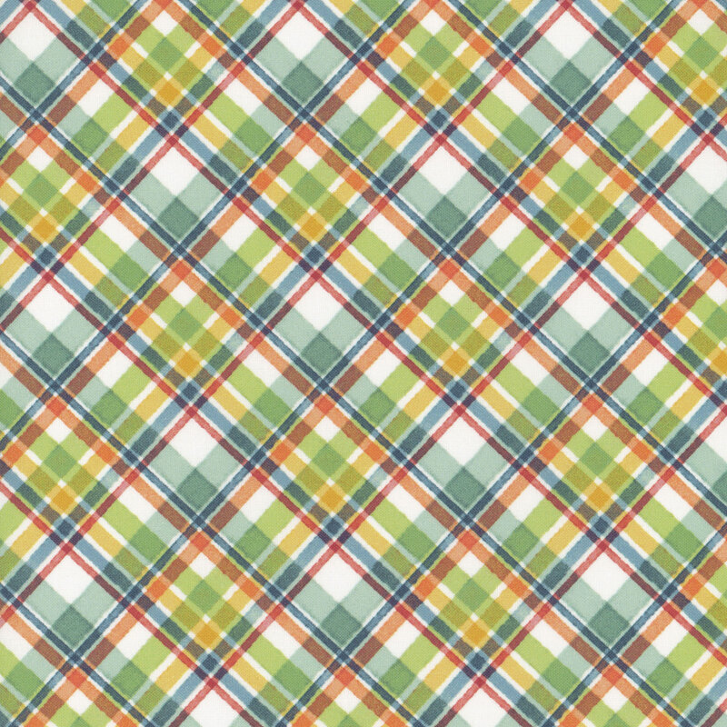Orange, blue, green, yellow, red, and white multicolored plaid fabric.