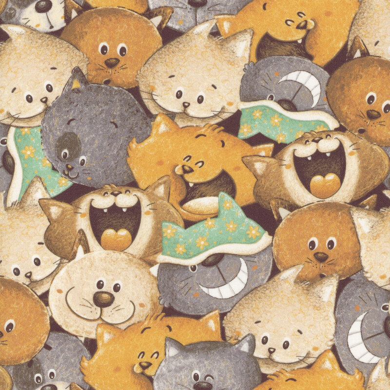 A packed, multicolor design of cats stacked together and poking their heads out.