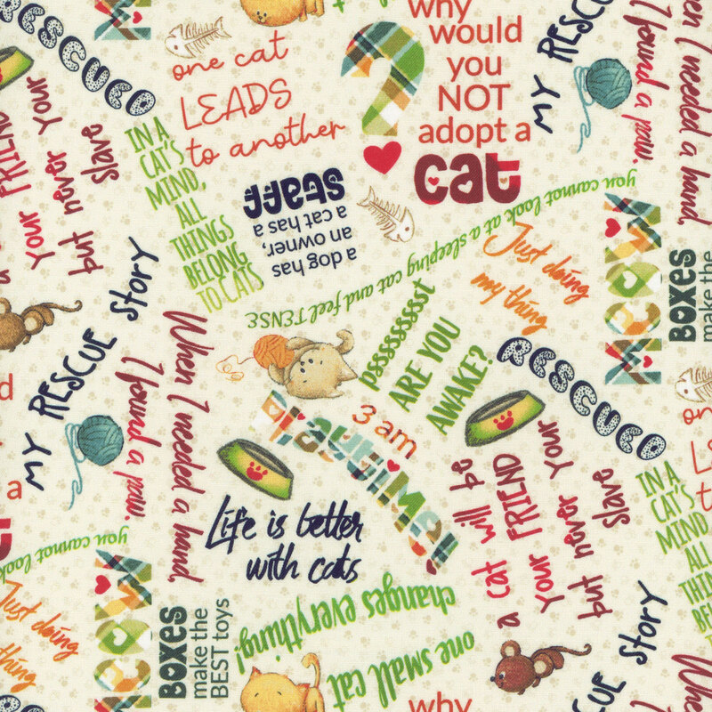 Cream fabric with tossed cat motifs and phrases on a tonal pawprint background.
