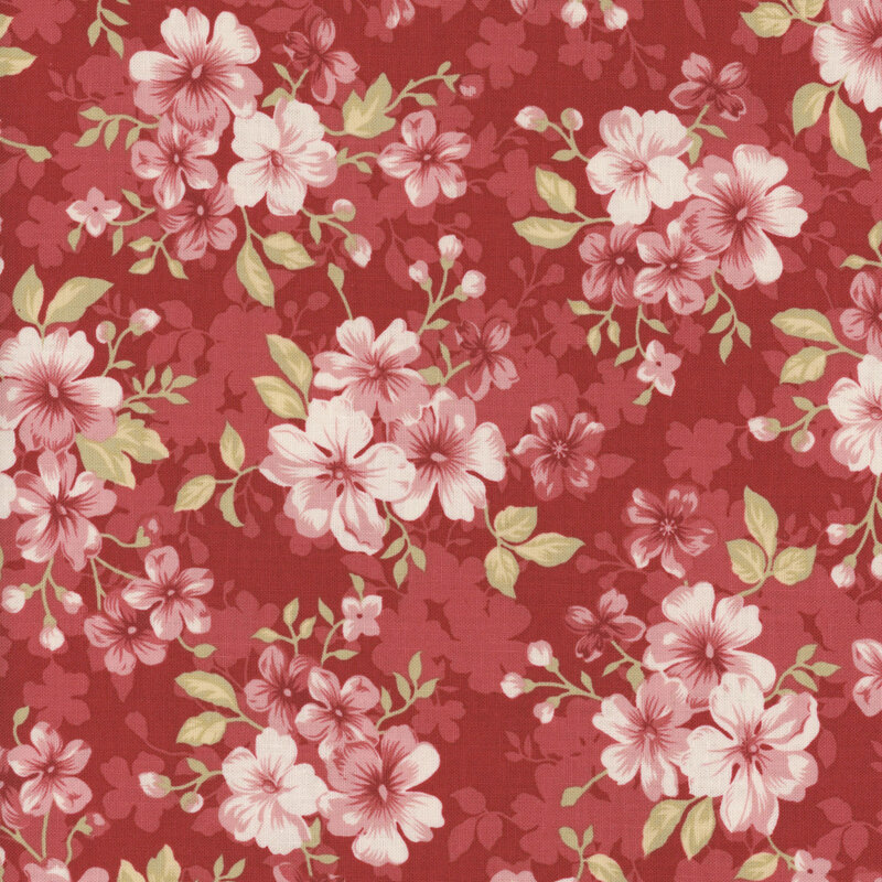 A repeating floral pattern featuring pink and white flowers on a deep red background.