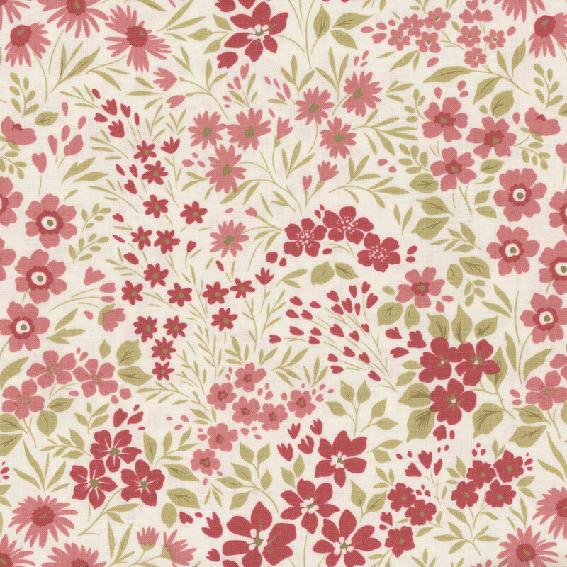 A repeating pattern of pink and red flowers with green leaves on a light cream background.